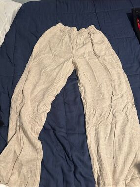 Light Beige Linen-Look Elastic Waist Pants